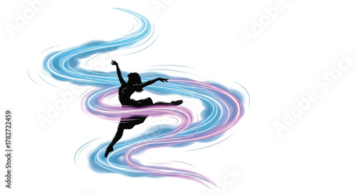Elegant dancer silhouette amidst swirling blue and pink abstract energy flows