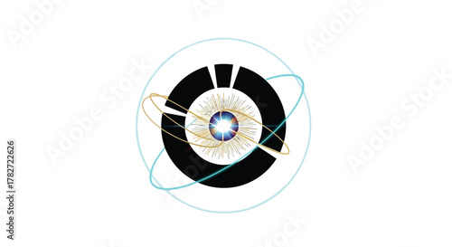 Abstract depiction of an eye with orbital rings and central focal point