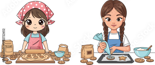Cute cartoon girls baking cookies in kitchen, children decorating homemade biscuits with icing, sweet dessert cooking illustration