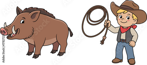 Cartoon wild boar, cowboy boy illustration, western adventure, children’s animal character, rope lasso, forest wildlife, playful kids drawing, vector art