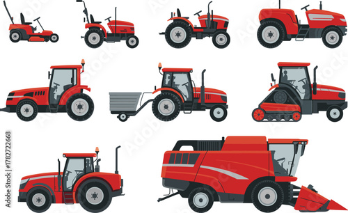 Modern red farm tractors and agricultural machinery set, combine harvester, loader, tracked vehicle and lawn mower vector illustration for farming, agribusiness and crop production