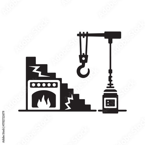 Industrial furnace with overhead crane and vat symbol