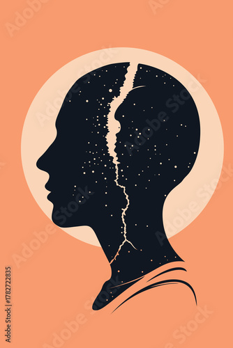 Abstract illustration of a cracked human head silhouette filled with stars, symbolizing mental health, trauma, and inner healing. Conceptual art about the mind and emotional balance.