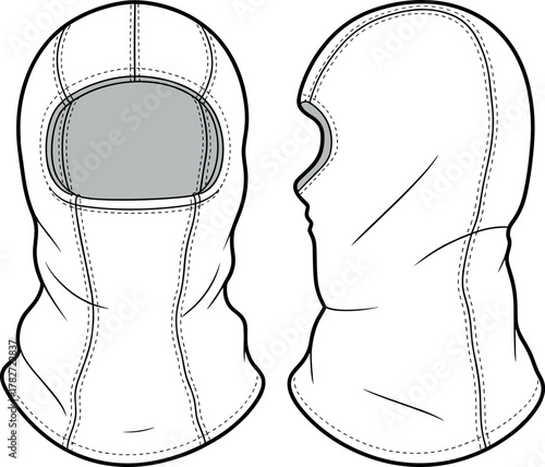 Balaclava, headwear, face cover, fashion, vector, illustration, front, side, sketch, outline, mask, tactical, garment, protective, winter, outdoor, design, fitted, seamless, functional, contour