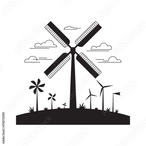 Silhouette of wind turbines against a cloudy sky