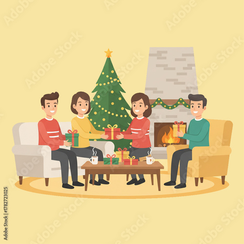 People Exchanging Winter Gifts in Decorated Living Room with Cozy Interior in Flat Vector Illustration on Solid Background