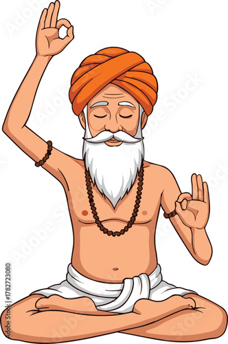 Cartoon yogi meditation illustration, spiritual guru character with orange turban and white beard, mindfulness artwork, cad drawing flat vector design
