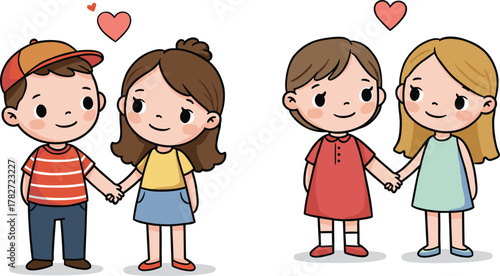 Cute cartoon kids holding hands with hearts, friendship, love, happiness, childhood relationship, adorable couple illustration for Valentine concept