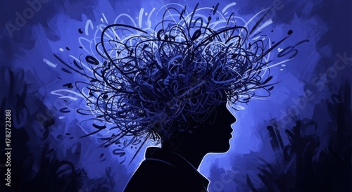 Illustration of a person with tangled thoughts and mental health issues