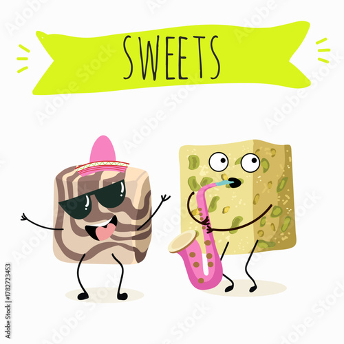 Tasty ice creams, ice-cream cones and popsicle, funny characters, hand drawn vector illustration.