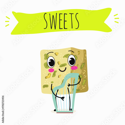 Funny Characters Turkish Halva confection, cubes with pistachio nut, layered chocolate tahini oriental dessert, hand drawn vector illustration.