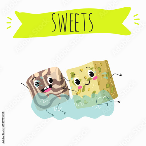 Funny Characters Turkish Halva confection, cubes with pistachio nut, layered chocolate tahini oriental dessert, hand drawn vector illustration.