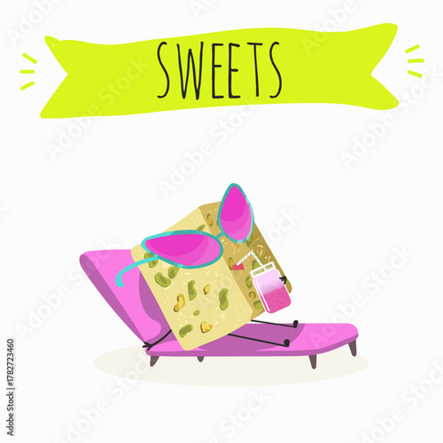 Funny Characters Turkish Halva confection, cubes with pistachio nut, layered chocolate tahini oriental dessert, hand drawn vector illustration.