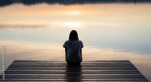 Woman sitting on a wooden pier enjoying the sunset over the lake water