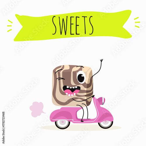 Funny Characters Turkish Halva confection, cubes with pistachio nut, layered chocolate tahini oriental dessert, hand drawn vector illustration.