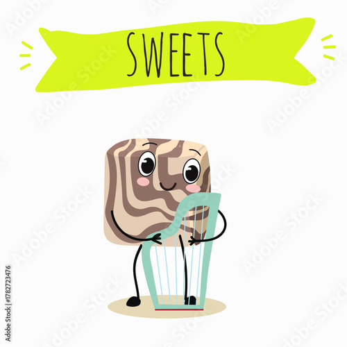 Funny Characters Turkish Halva confection, cubes with pistachio nut, layered chocolate tahini oriental dessert, hand drawn vector illustration.
