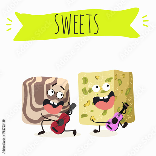 Funny Characters Turkish Halva confection, cubes with pistachio nut, layered chocolate tahini oriental dessert, hand drawn vector illustration.