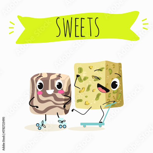 Funny Characters Turkish Halva confection, cubes with pistachio nut, layered chocolate tahini oriental dessert, hand drawn vector illustration.