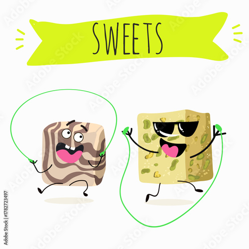 Funny Characters Turkish Halva confection, cubes with pistachio nut, layered chocolate tahini oriental dessert, hand drawn vector illustration.