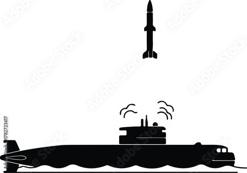 Illustrator Submarine launching ballistic missile from water surface Silhouette vector