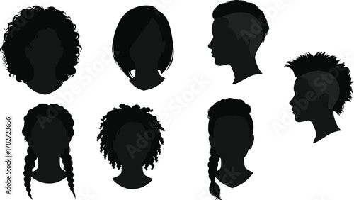 Modern hairstyle silhouettes collection, diverse female and male haircuts, trendy hair design variety, barbershop style concept, vector illustration art