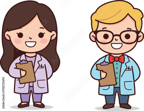 Cute cartoon male and female doctors holding clipboards, smiling medical professionals in lab coats, healthcare character illustration