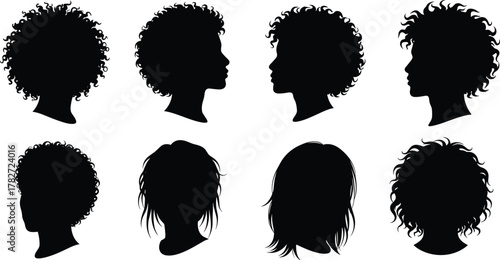 Collection of curly and wavy hairstyle silhouettes, modern female haircut design, fashion vector illustration, beauty salon, stylish hair concept