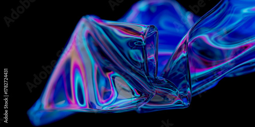 Abstract design, wavy iridescent shape on black background with depth of field, 3d render