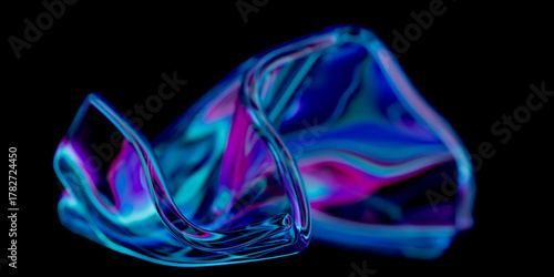 Abstract design, wavy iridescent shape on black background with depth of field, 3d render