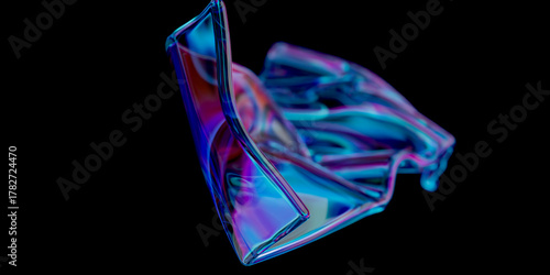 Abstract design, wavy iridescent shape on black background with depth of field, 3d render