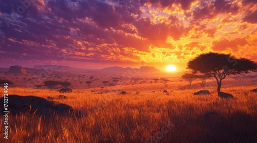 A wide savanna scene with the textured silhouettes of dry grasses and scattered rocky outcrops placed against a glowing amber and lavender sky.