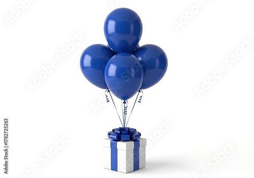 A blue balloon bouquet lifts a striped gift box against a white background