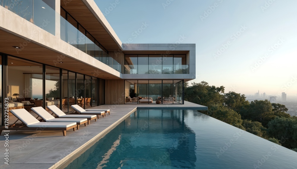 Obraz premium Modern luxury villa with infinity pool overlooks city skyline. Sleek architecture, glass walls, spacious lounge area with sunbeds. Perfect for real estate or travel.