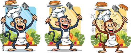 Cute cartoon monkey chefs cooking pancakes with spatulas, happy jungle animal cooks in kitchen, fun culinary illustration design