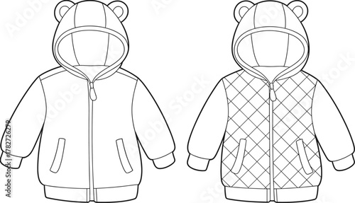 Children hooded jacket vector, baby hoodie fashion design, bear ear hood, quilted pattern, kids clothing template, CAD drawing flat vector illustration