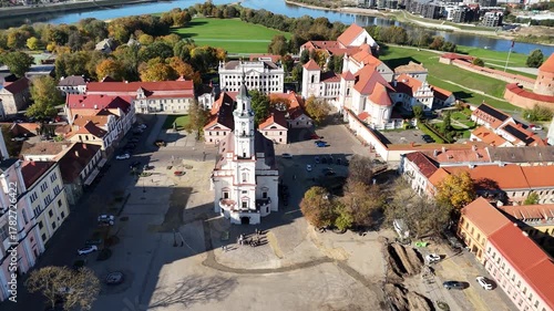 Kaunas, Lithuania – October 17, 2024: Aerial view of Kaunas Town Hall Square during renovation with paving replacement, construction workers and equipment visible in the old town public space.