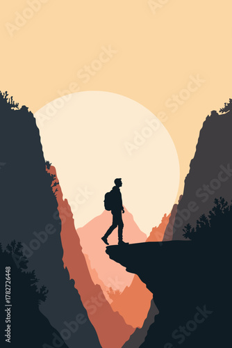 Silhouette of a man standing on a cliff edge with a backpack, admiring mountain peaks at sunrise. Minimalist travel illustration symbolizing adventure, freedom, and exploration.
