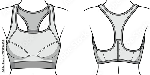 Racerback sports bra front back view, molded cup design, hook closure detail, fashion flat sketch, cad drawing, technical illustration