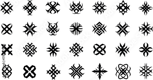 Collection of diverse abstract geometric ornate symbols and emblems in black and white