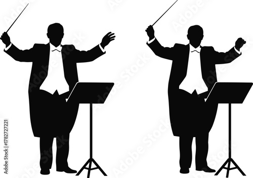 Orchestra conductor silhouettes, music performance, baton gesture, classical concert, symphony leader, formal suit, stage direction, artistic illustration, musical guidance, expressive pose