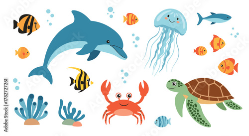 Cute cartoon sea animals and plants collection on a white background.