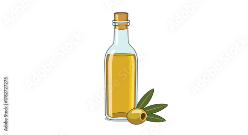 Simple illustration featuring a tall glass bottle of golden olive oil, accompanied by a fresh green olive and olive leaves on a white background.