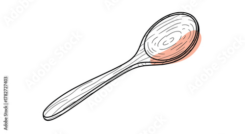 Hand-drawn outline illustration of a wooden serving spoon, featuring natural wood grain textures and a soft coral accent.