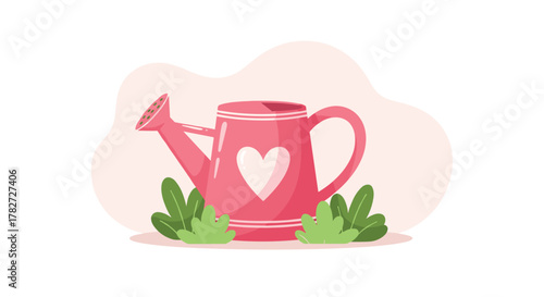 A cheerful pink watering can adorned with a white heart, surrounded by vibrant green foliage, on a gentle pink backdrop.