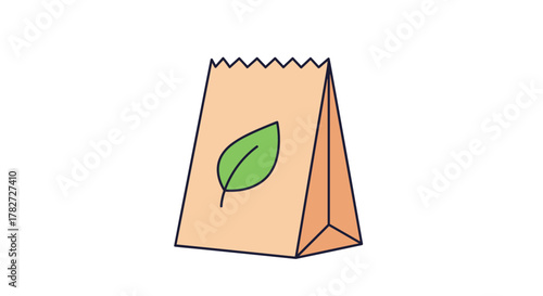 Simple vector illustration of a brown paper bag with a green leaf design, symbolizing eco-friendly and natural product packaging.