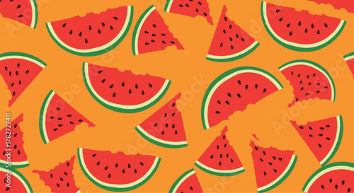 Seamless pattern of juicy watermelon slices with bite marks scattered on a vibrant orange background, perfect for summer designs.