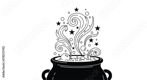 Magical black cauldron bubbling with a mystical potion, releasing swirling smoke, sparkling stars, and floating bubbles, perfect for fantasy.