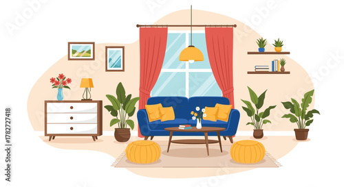 Stylish and cozy living room interior design featuring a comfortable blue sofa, yellow cushions, potted plants, and decorative elements.