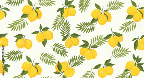 Vibrant and fresh seamless pattern featuring yellow lemons with green leaves and scattered tropical foliage on a creamy white background.