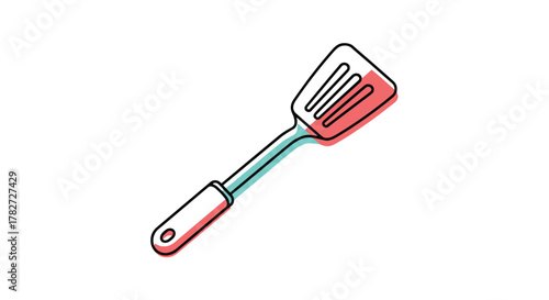A colorful graphic illustration of a slotted kitchen spatula, featuring a black outline with red and turquoise accents, on a white background.